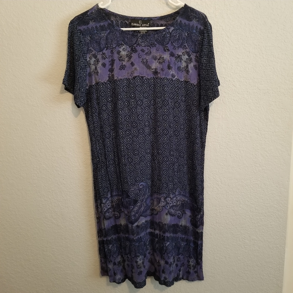 Carole Little Dark Blue & Purple Floral Print Short Sleeve Midi Dress